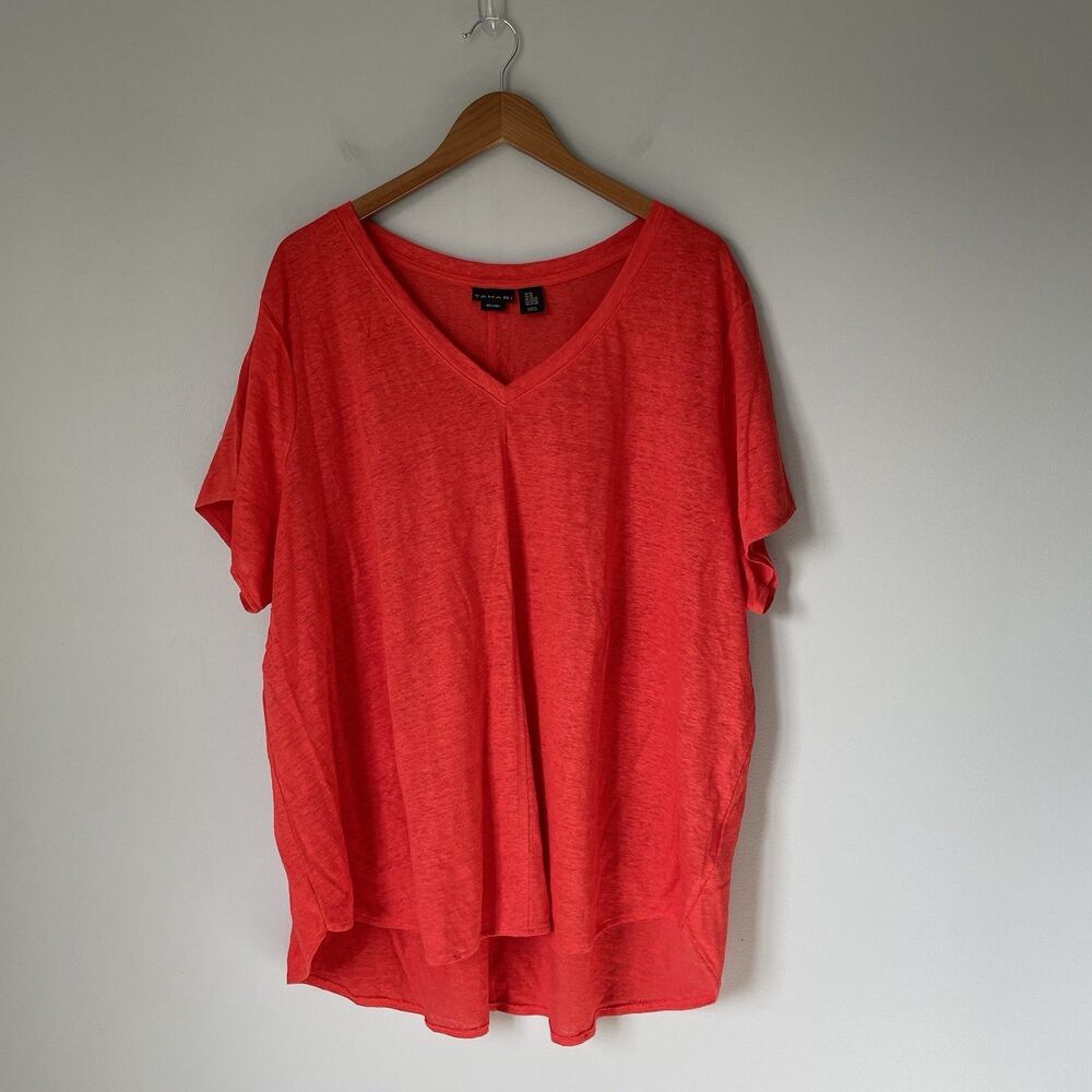 Tahari 100% Linen Blouse Top V Neck Short Sleeve Orange Women's Size 3X